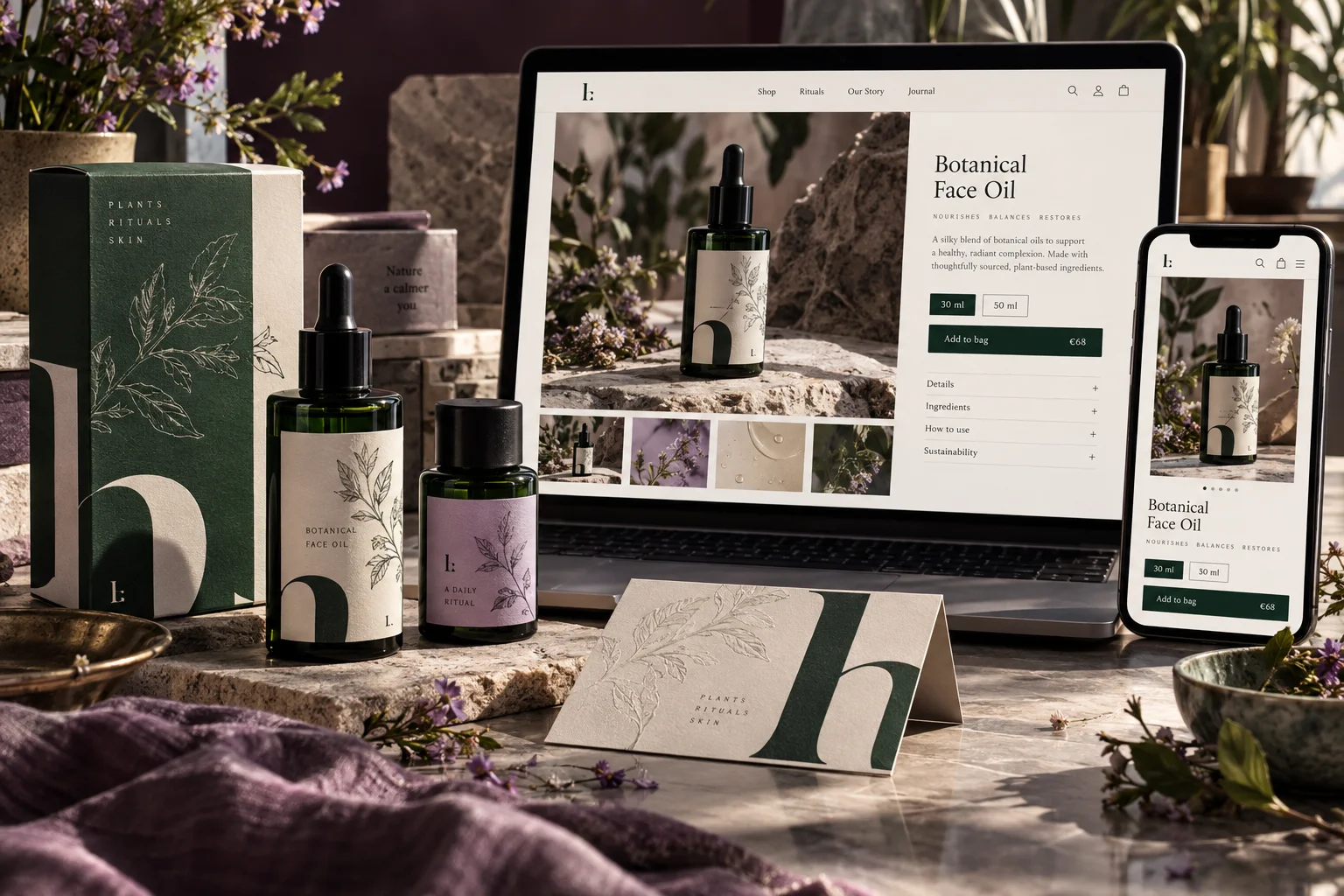 Fiktiver Pflegeprodukt-Shop auf Laptop und Smartphone mit passenden Flaschen und Verpackungen
